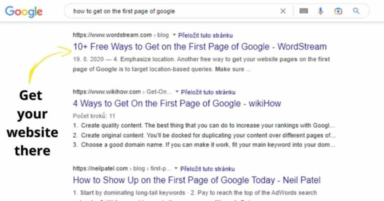 serp for the long tail key word How to get to the first page of google